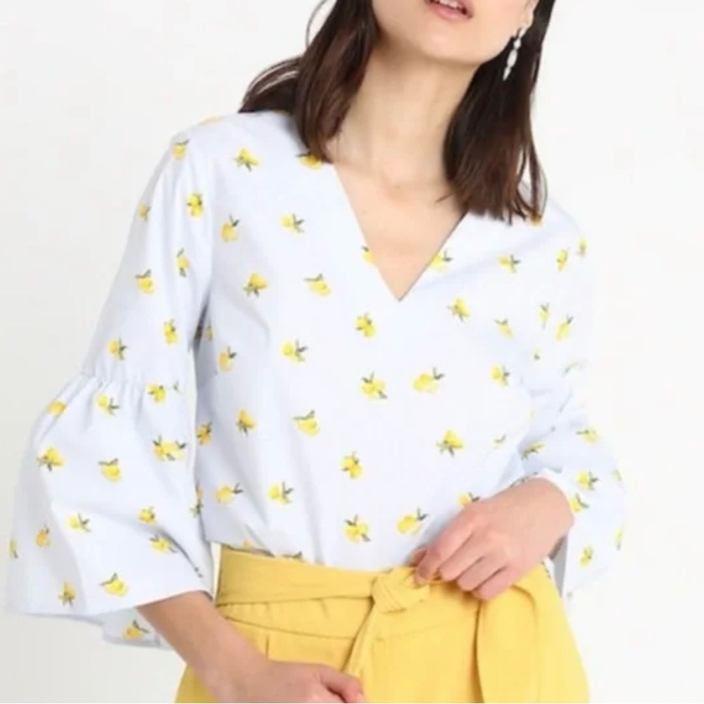 Banana Republic Lemons Pastel Blue Vneck Blouse Bell Sleeve XS Top Vneck Shirt